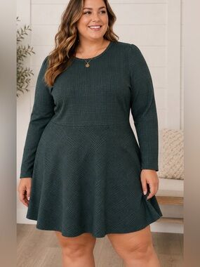 Modcloth 2X green plaid fit and flare  plus size midi dress preppy schoolgirl